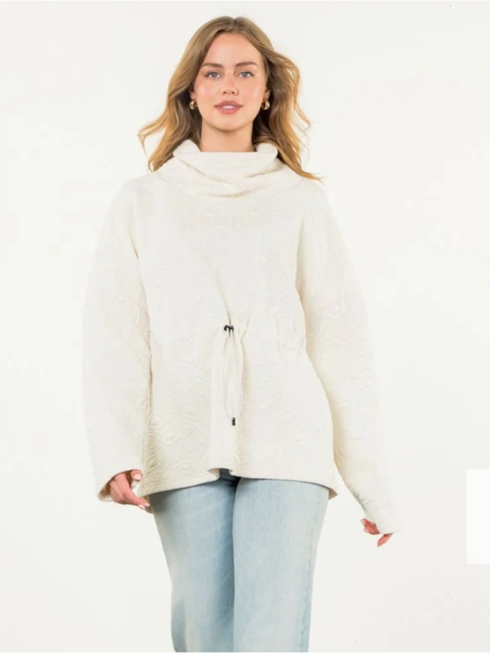 THML Odette Textured Funnel Neck Sweater L Ivory Pullover Cinched Waist Tunic